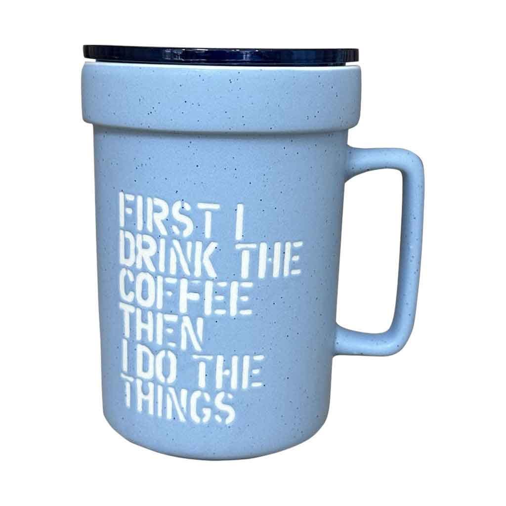 Taza De Viaje Con Tapa Azul Grisáceo Estampado Texto 400Ml
