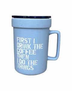 Taza De Viaje Con Tapa Azul Grisáceo Estampado Texto 400Ml