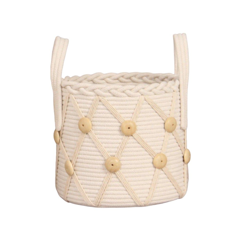Cesta Decorativa Blanca Con Botones De Madera 28X35Cm