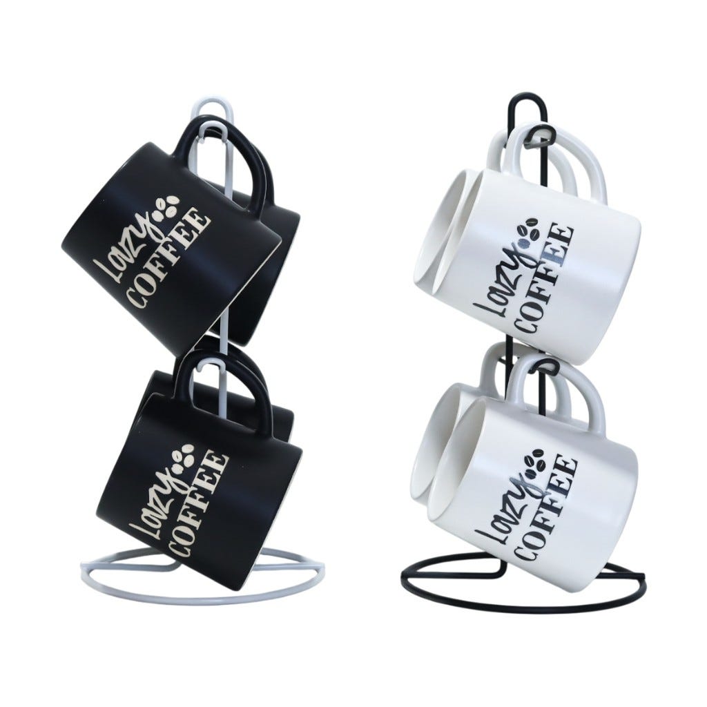 Juego De Tazas 5Pzs Con Texto "Lazy Coffee" Colores Surtidos 420Ml