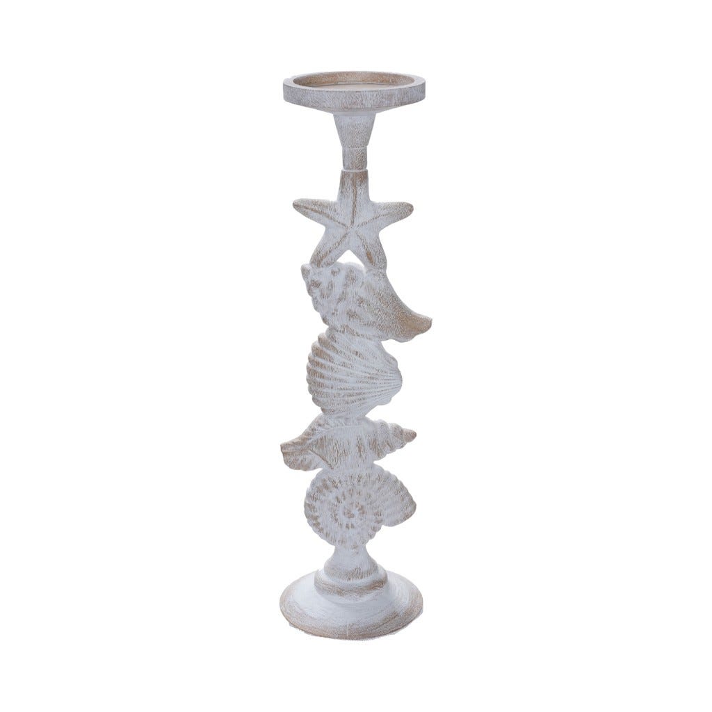 Candelabro Blanco De Conchas Y Estrella Marina 11.5X11.5X42Cm