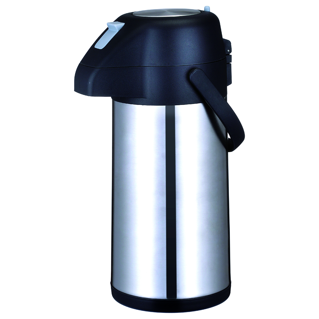 Botella para café plateado de acero inoxidable con 1.9 litros.