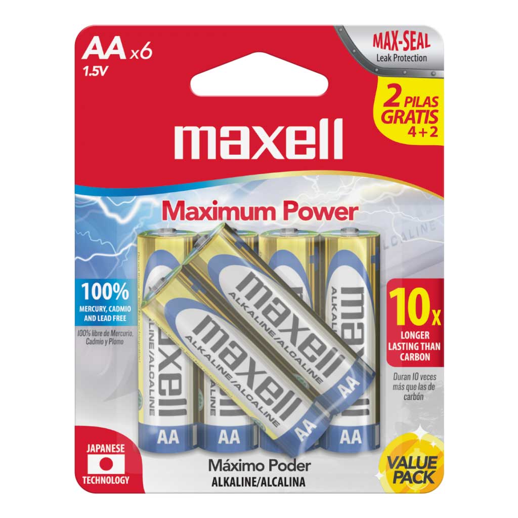 Batería Alkalina AA 1.5 V x 6 Maxell (2 Pack)