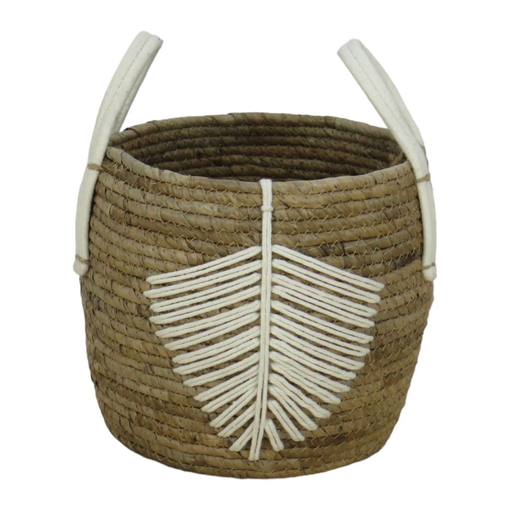Cesta De Mimbre Con Diseño De Hoja Blanco 27X22Cm