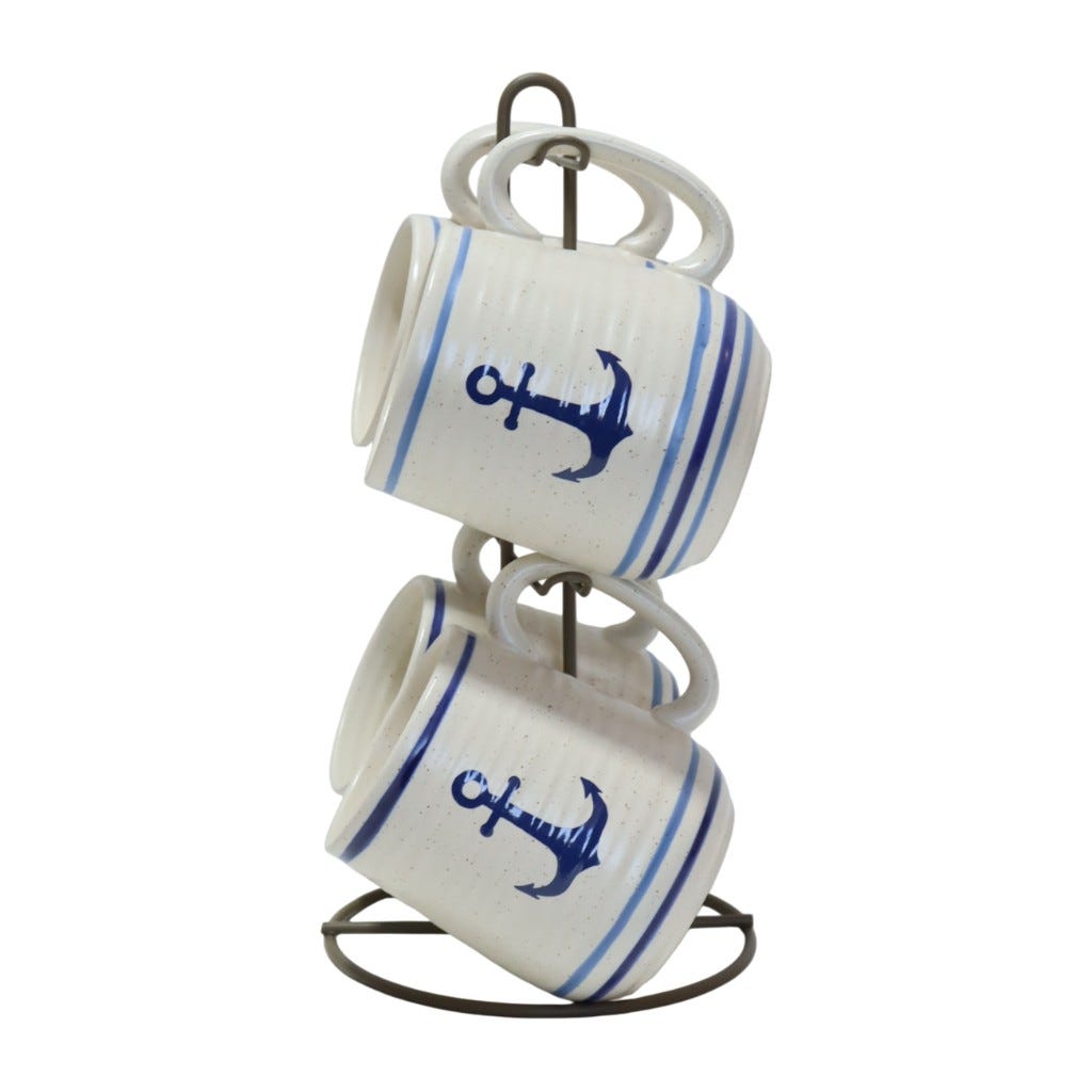 Juego De Tazas 5Pzs Blanco Estampado De Ancla 420Ml