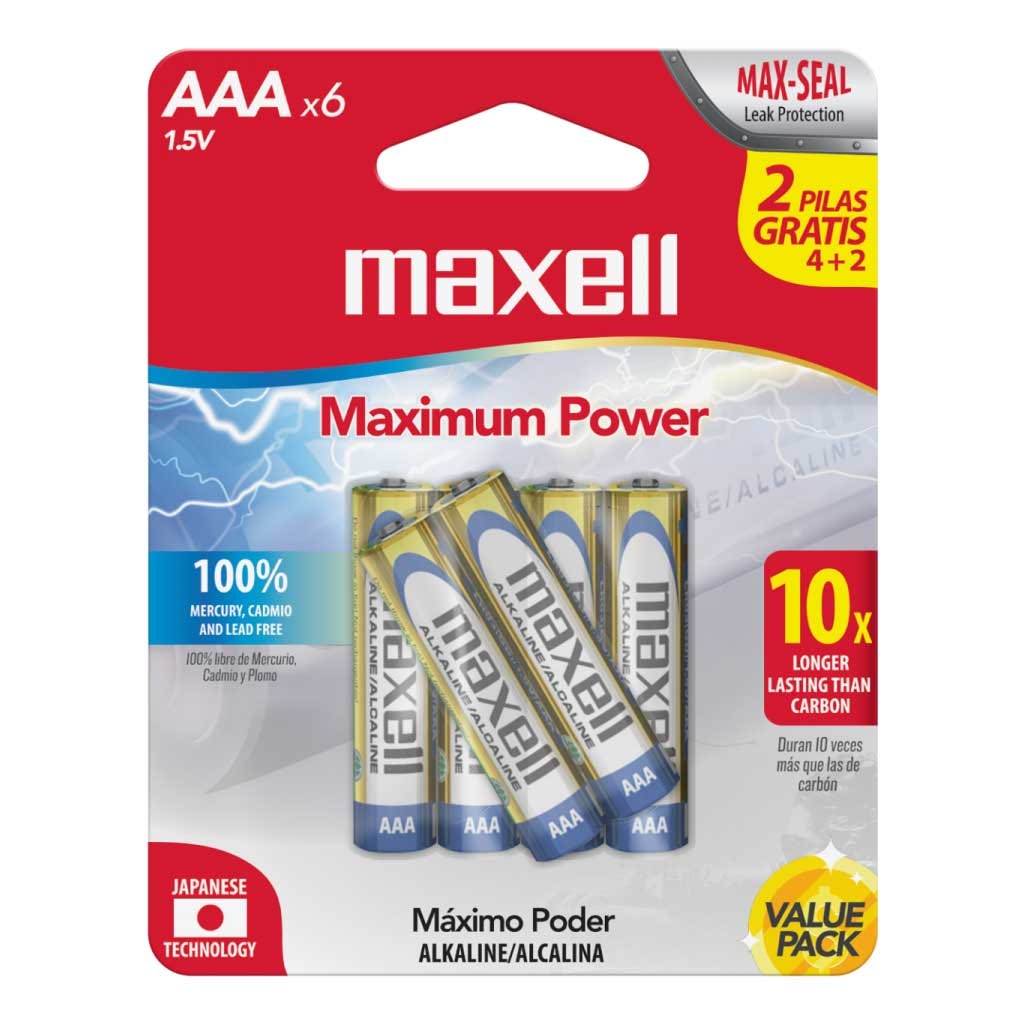 Batería Alkalina AAA 1.5 V x 6 Maxell (2 Pack)