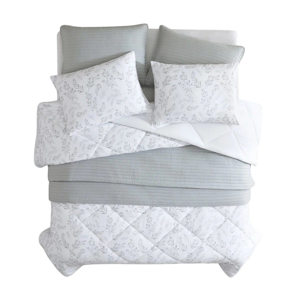 Edredón Set 6Pzs Queen Blanco Estampado De Hojas