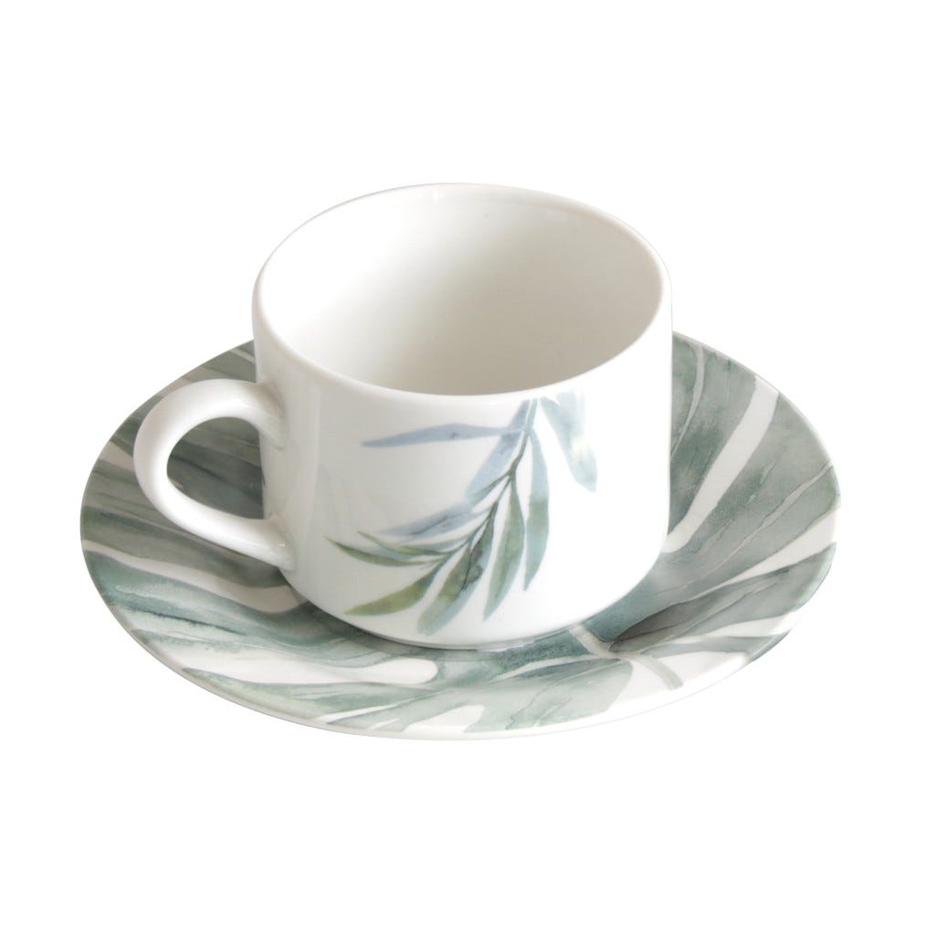 Set Taza De Té Y Plato Estampado De Hojas Verdes 220Ml